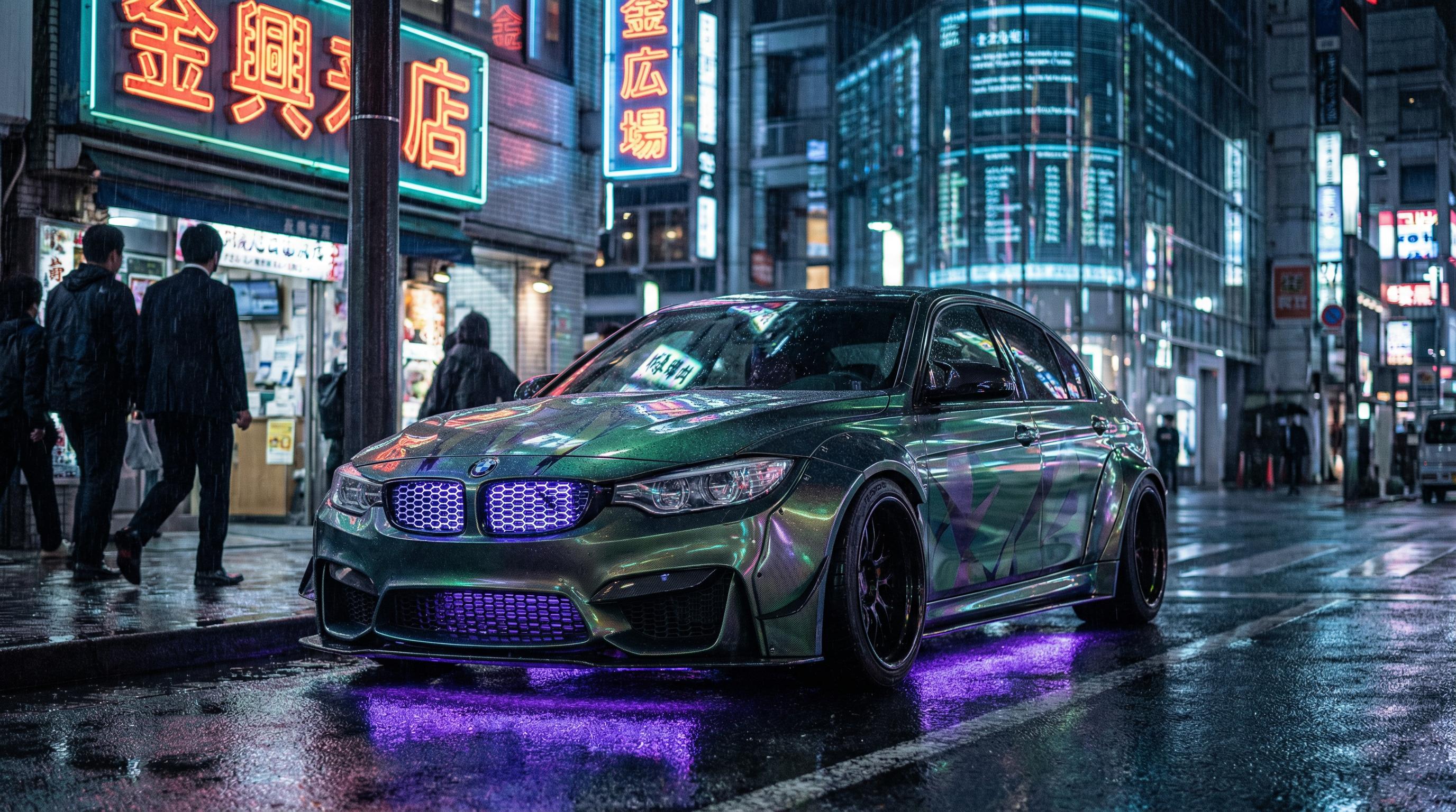 17c一起草绿色改装轿车夜景灯光视频